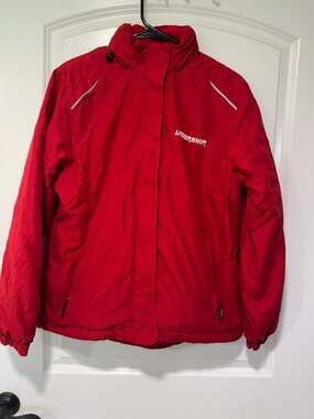 Women’s Medium Red Soft Shell Jacket Fleece Lined Hidden Hood Outdoor Active